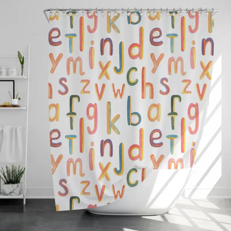 Cute Alphabet Shower Curtain with 12 Hooks, Christmas Gift, Home Decor, Housewarming Gift