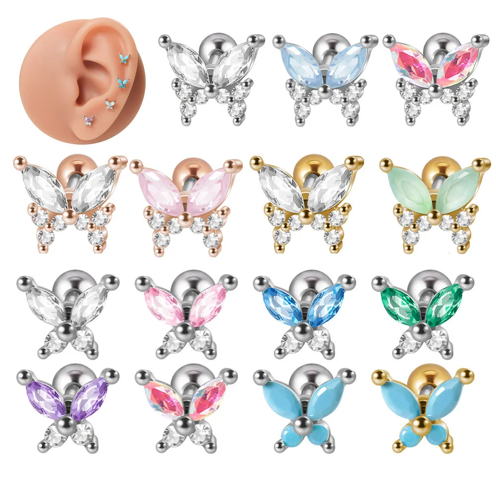 1PC 361L Surgical Steel External Thread Zircon Butterfly Stud Earrings EarTragus Cartilage Helix Piercing Body Jewelry 20G