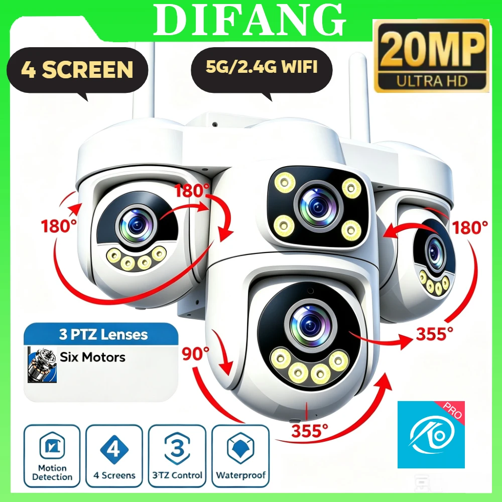 20MP WiFi Wireless IP Camera 4 Lens 4 Screen 6 Motors 3 PTZ 5X Zoom Auto Tracking Waterproof Outdoor Home Surveillance