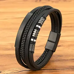 XQNI Leather Bracelet Men Fashion Beaded Multi Layer Stainless Steel Bracelet Wristband Classic Punk For Male Jewelry Gift