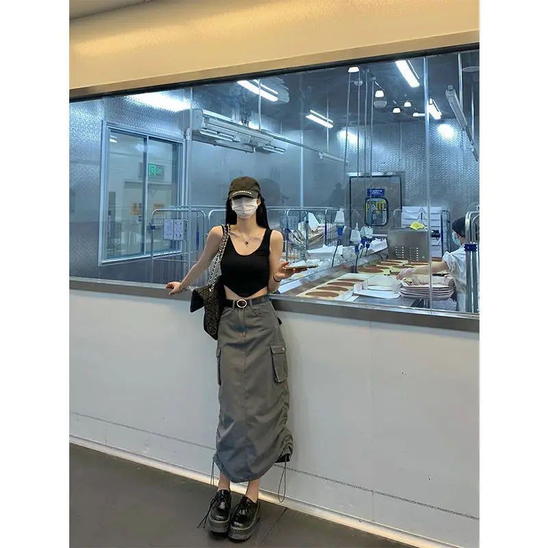 

Grey Versatile High Waist Denim Skirt Summer Women's Drawstring Workwear Design New Split Half-length Skirts A-Line Long Dress
