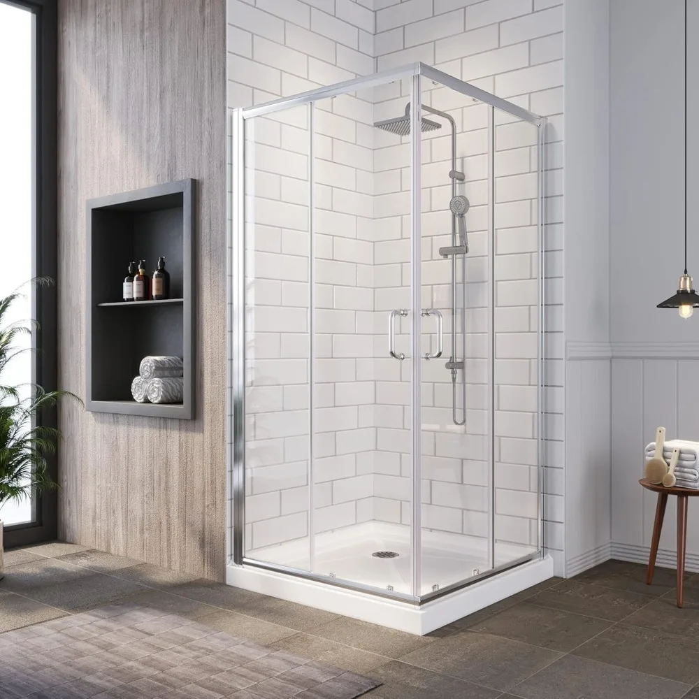 Shower Enclosure 1/4 in.Clear Glass Double Sliding Shower Doors,Bathroom Glass Door,Chrome Finish (Shower Base Not Included)