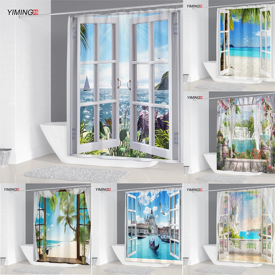 Various landscape imitation window designs, shower curtains, hanging hooks, home decoration  washable and waterproof