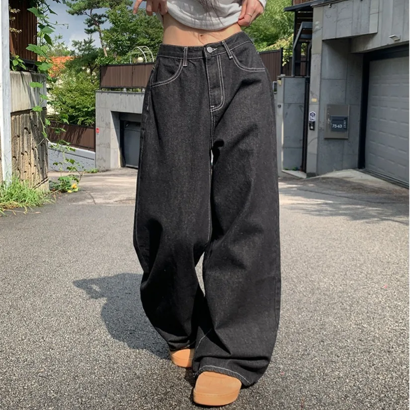 

Summer 2026 Chic Korean Style Wide Leg Denim Pants with Embroidered Knot And Pockets Casual Loose Fit Ladies Jeans