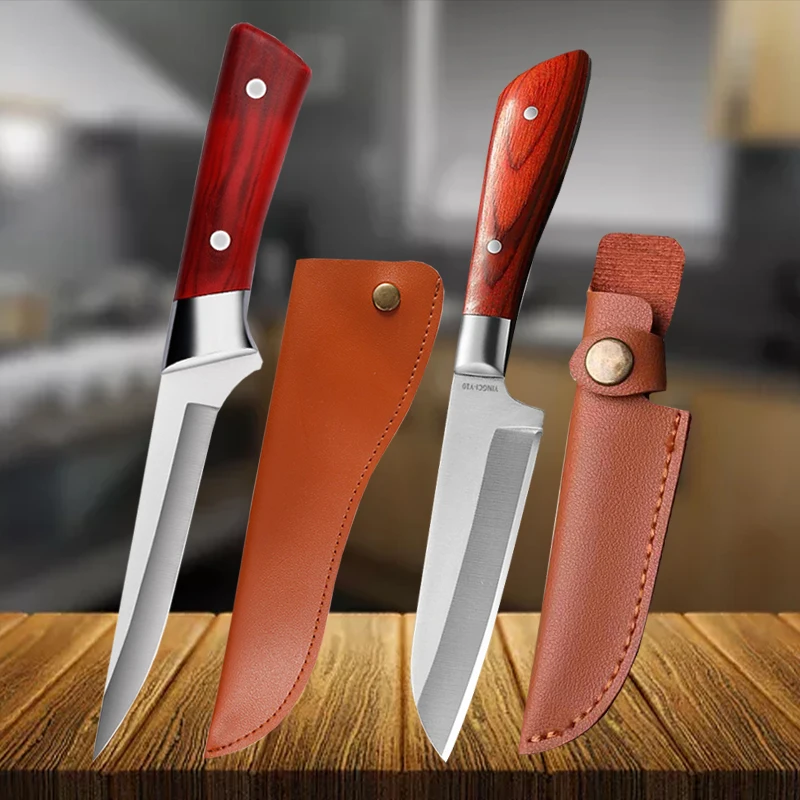 

Household Meat Cleaver Kitchen Slicing Knife Red Handle Butcher's Boning Knife Stainless Steel Sharp Fruit Peeling Knife BBQ