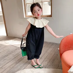 3-8 Years Old Girls Jumpsuit Big Cute ruffled Collar Pants Summer Kids Girl Sleeveless Loose Legs Jumpsuits Child Costumes