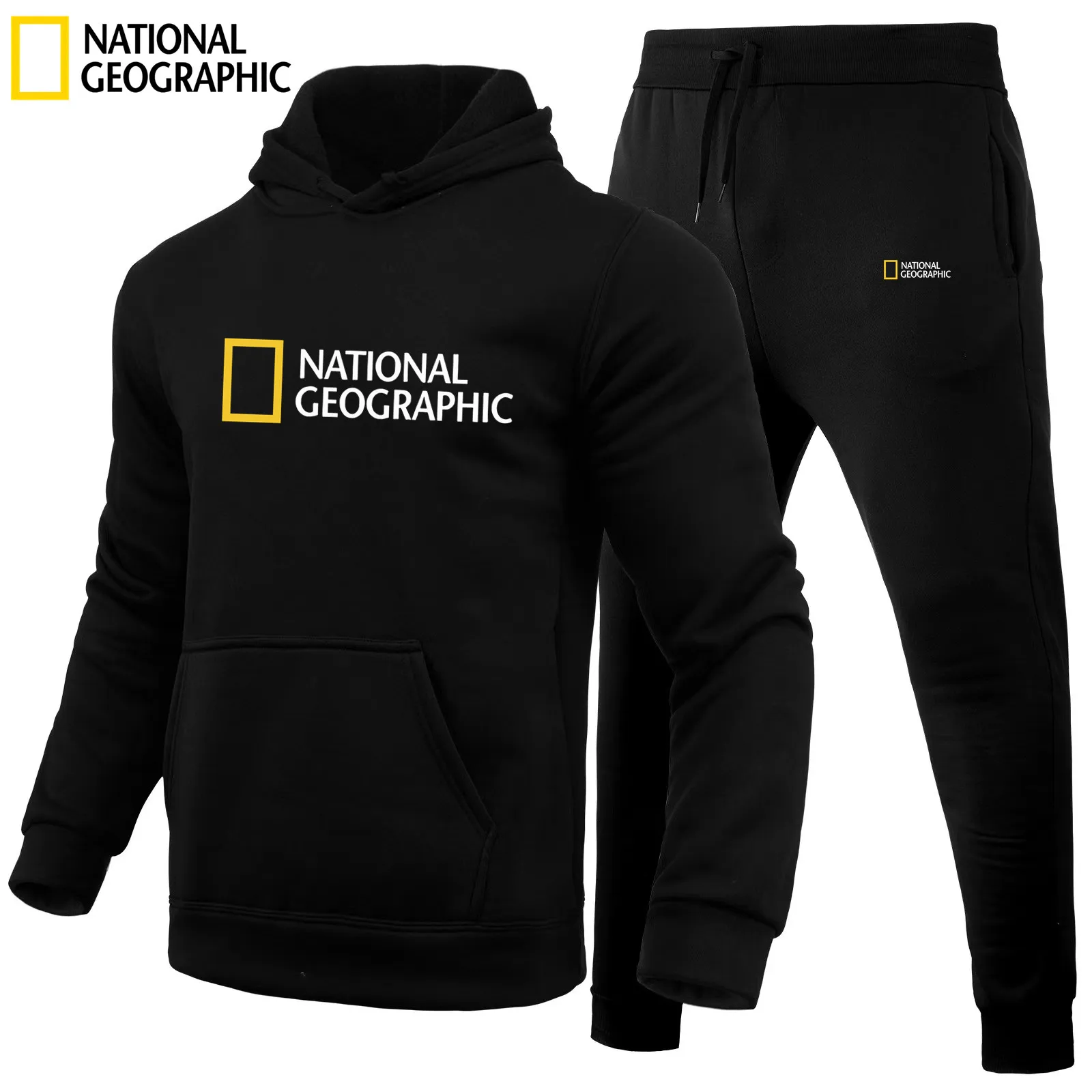 2025 primavera y otoño al aire libre National Geographic conjunto de ropa deportiva informal, jerseys con capucha de moda para hombres + pantalones para correr dos