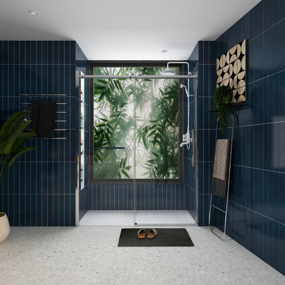 

S-RM6076TC 56-60"W x 76"H Sliding Shower Door, Frameless Glass Shower Door with Chrome Hardware, Towel Bar and Handle