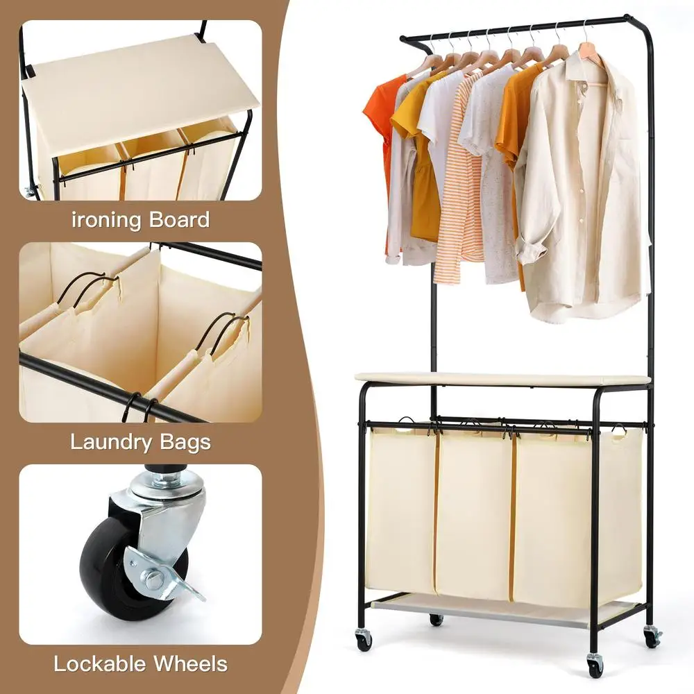 3 Section Laundry Sorter with Hanging Rod Foldable Ironing Board Laundry Hamper Organizer Heavy Duty Cart Sorting Clothes Metal