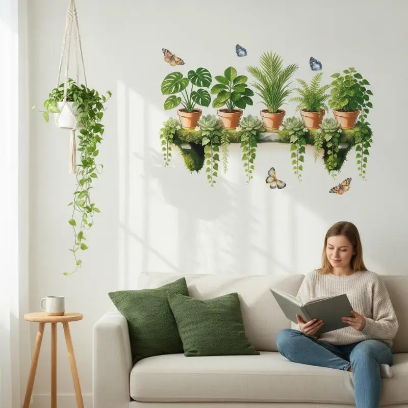 Lifelike Hanging Green Plant Wall Decal With Self Adhesive Back Perfect For Kitchen Living Room Bedroom Wall Decor