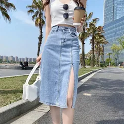 Lucyever Spring Summer Blue Denim Skirts Women Fashion High Waist Split One Step Skirt Woman Korean Streetwear Pencil Skirts