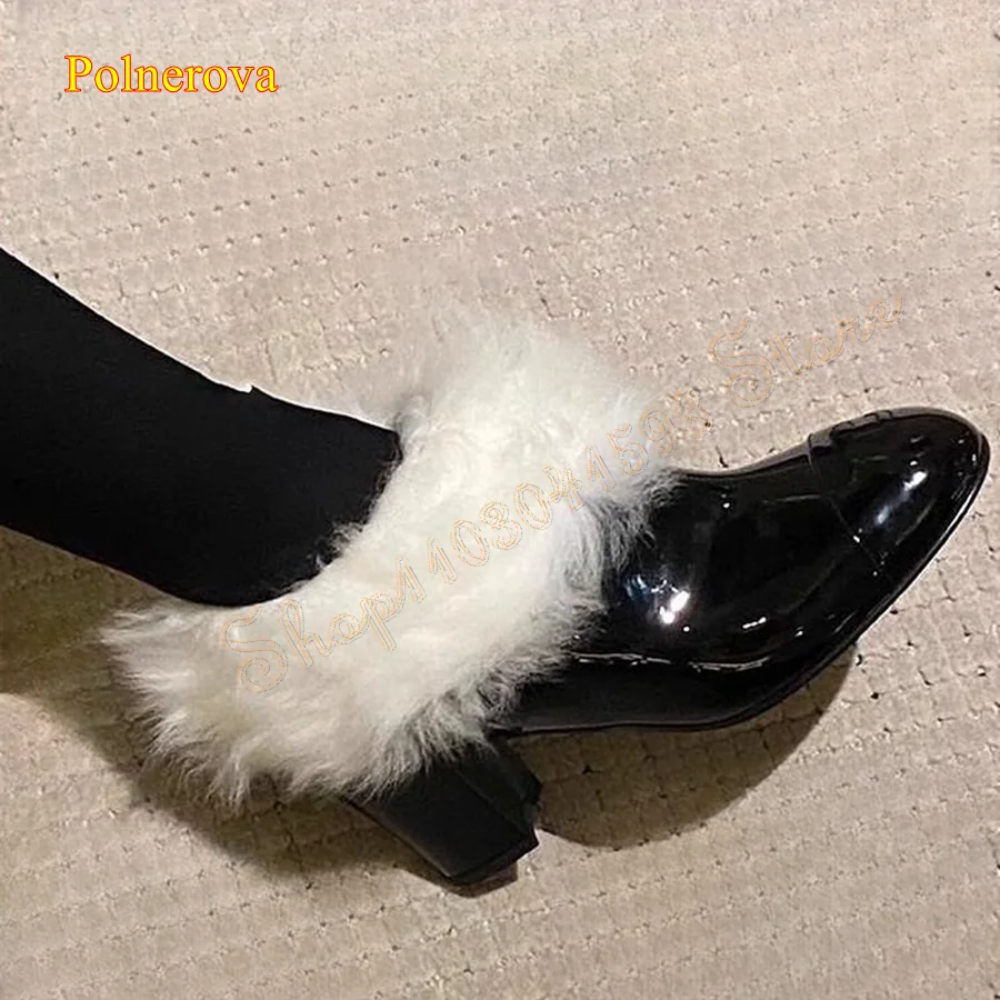 

Winter Furry Patent Leather Pumps,Round Toe Thick Heel Women's Shoes Wedding Party HIgh Heel Shoes 2024 New Zapatos Para Mujere