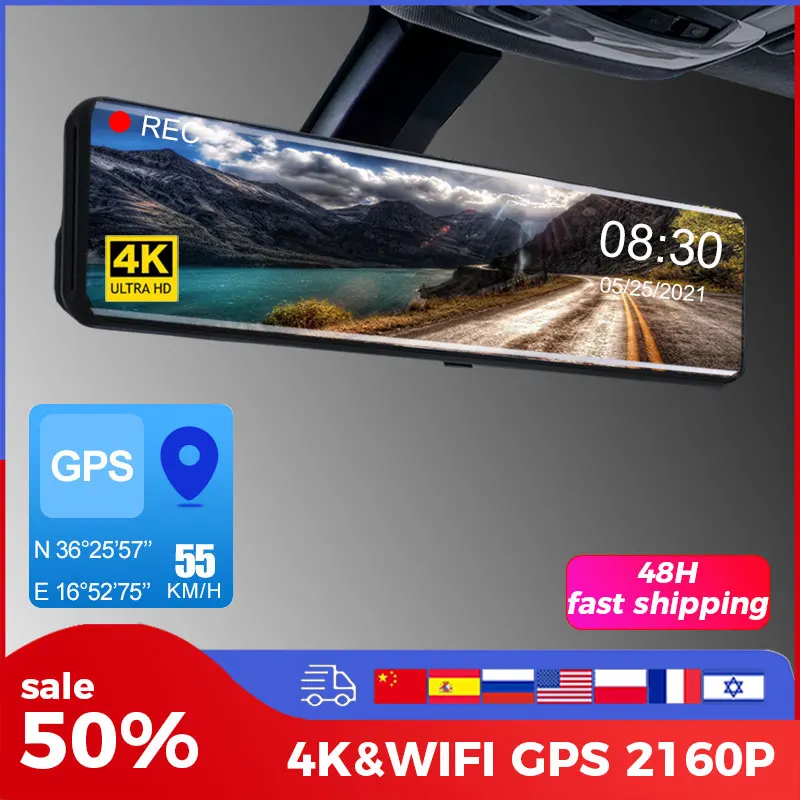 

4K Video Recorder Dash Cam 12 Inch WIFI Rear View Mirror GPS Track Car DVR Sony IMX415 Ultra HD 3840*2160P Camera for Phone App