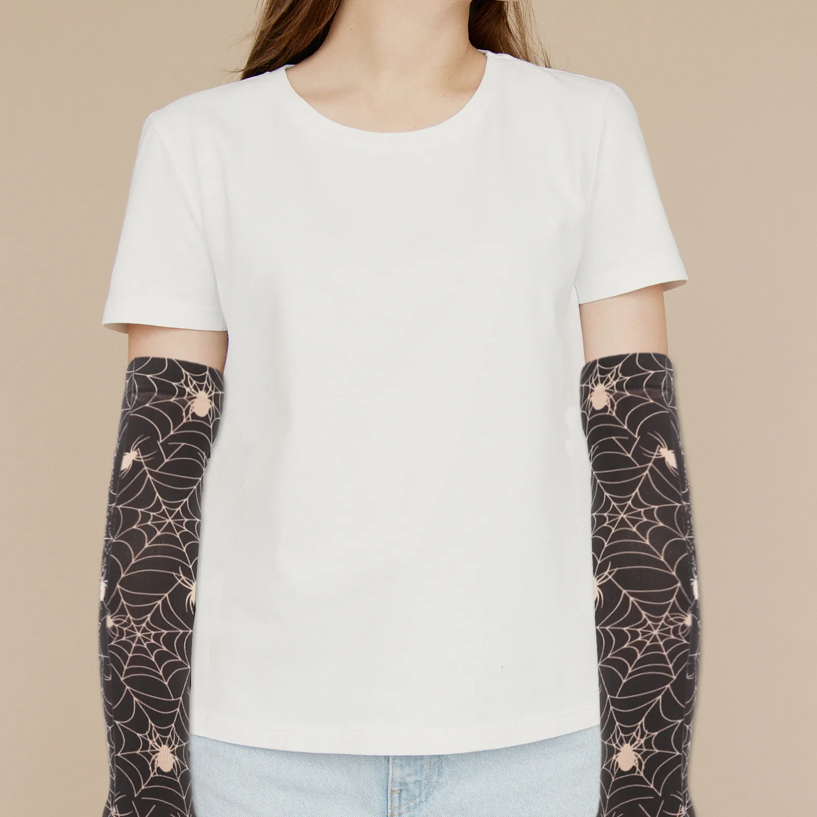 Pair of Black White Stretchable Spider Web Arm Warmer Fingerless Gloves Long Cozy Winter Warmer Ideal Outdoor Long Gloves