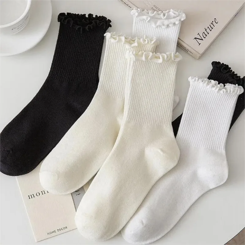 Lovely Wooden Ear Edge Pile Middle Tube Socks Women INS Style Kawaii Light Luxury Solid Color Ruffles Harajuku Cute Socks