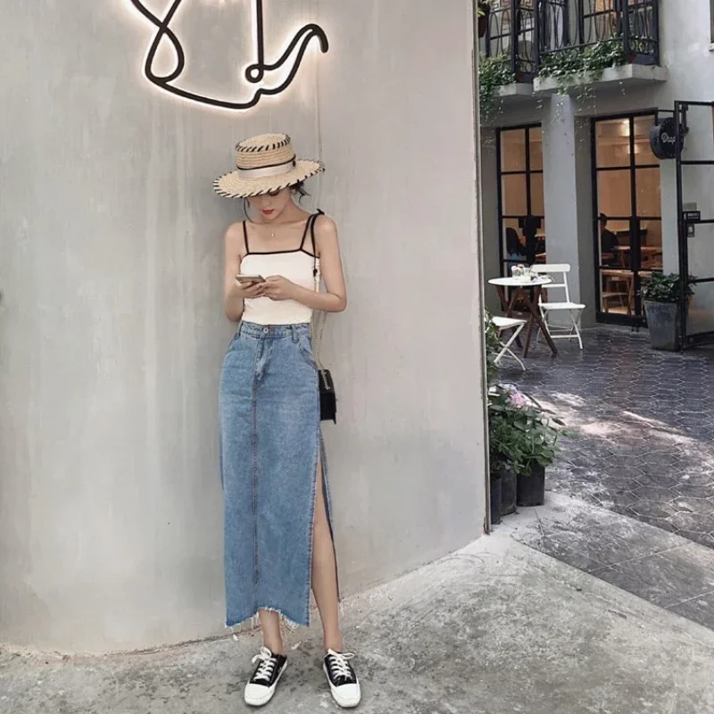 REALEFT 2025 Summer New Denim Skirts for Women Vintage High Waist Side Split Casual Long Pencil Solid Women's Skirts Female