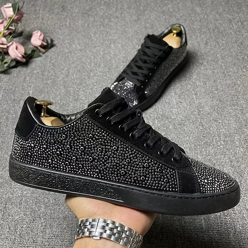 mens casual singer DJ stage rhinestone shoes cow suede leather studded shoe back silver platform sneakers designer footwear mans