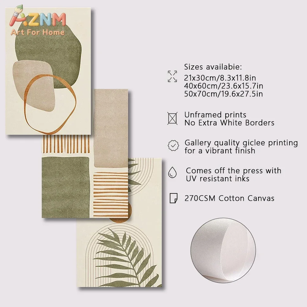 3 piezas de arte de pared en lienzo abstracto estilo bohemio moderno de mediados de siglo AZNM, póster botánico de hoja de palma con líneas geométricas en verde oliva, tonos neutros de la tierra