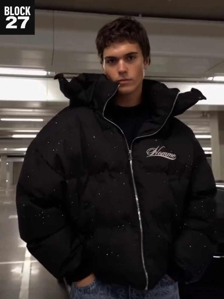 Harajuku الشتاء الرجال سترة مبطنة سميكة معطف دافئ النمط الأمريكي الرجعية زمم ملابس خارجية ملابس الشارع الشهير موضة الاتجاه الجديد