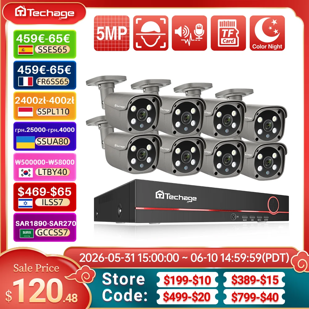 Techage 8CH 5MP HD POE CCTV Security Camera System Home Video Surveillance NVR Kit Face Detection Outdoor IP Camera Set Xmeye