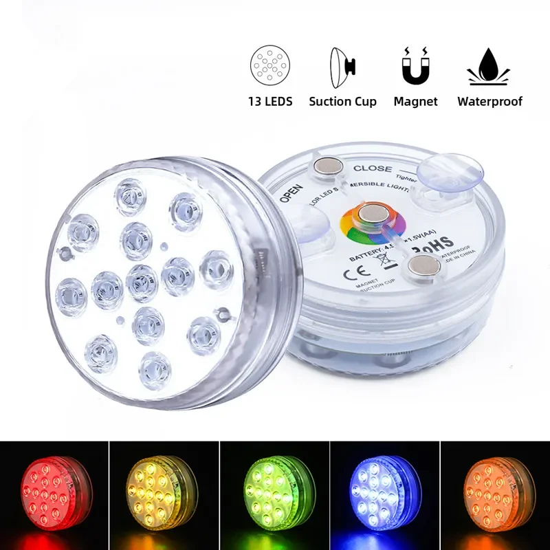 16 Colors 13 Led Submersible Light with Magnet and Suction Cup for Pond Fountain Garden Swimming Pool Underwater Night Lamp