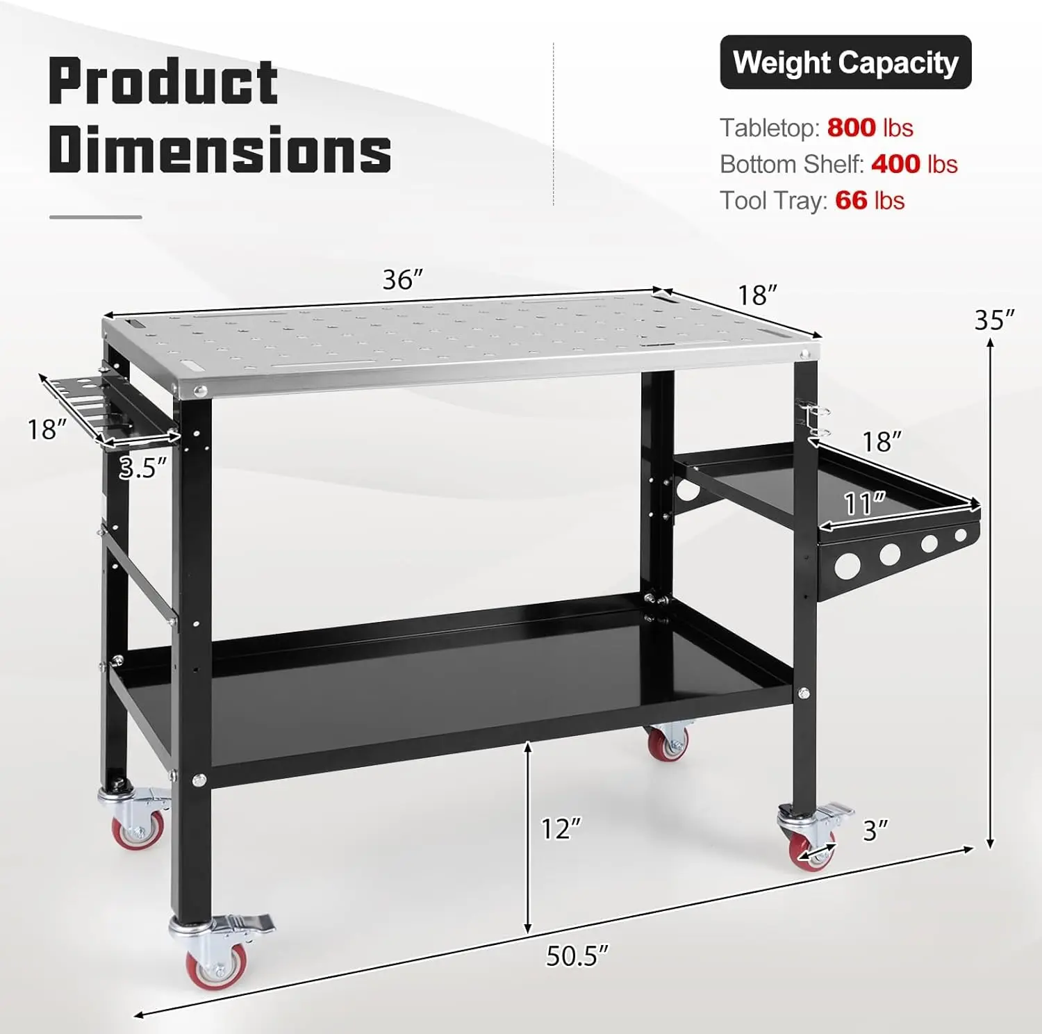 Rolling Welding Table, 36'' x 18'' Welding Table Top, 1200LBS Steel Welding Workbench Table with Wheels, 5/8’’ Holes, 8 Tool Slo