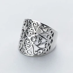 Huitan Vintage Hollow-out Women Finger Rings Silver Color Daily Wear Temperament Aesthetic Lady's Accessories Gift Wide Rings