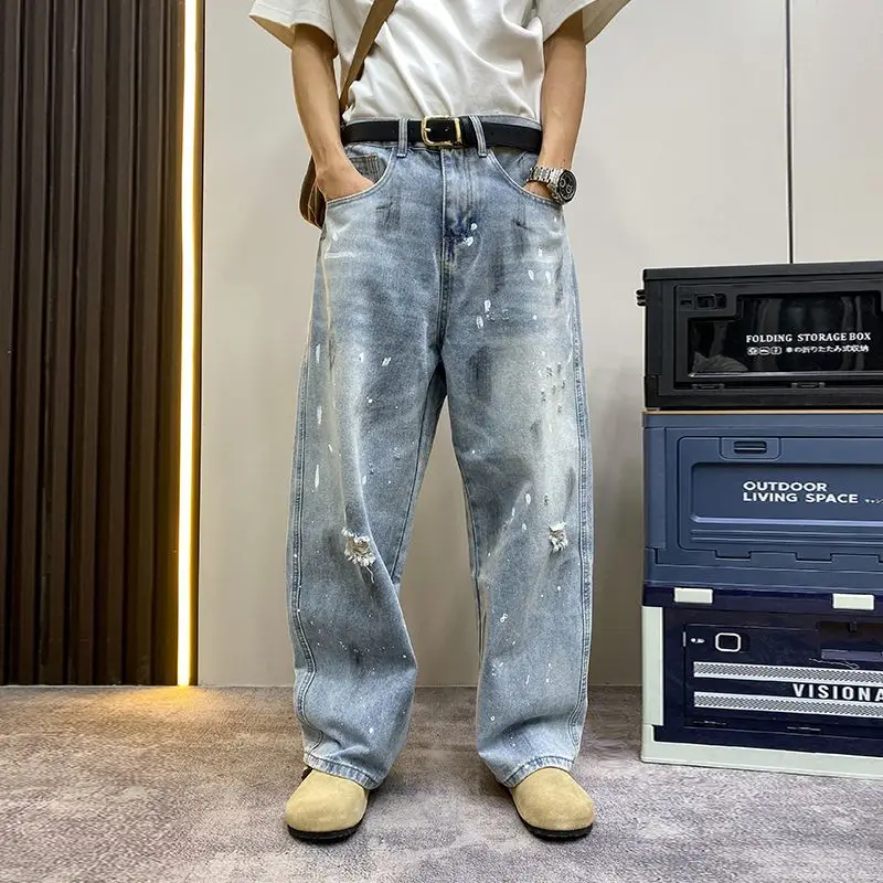 Men's Splashing Ink Design Distressed Jeans Casual Thin Sweatpants Boy High Waist Bottoms Street Pants Male Straight Trousers
