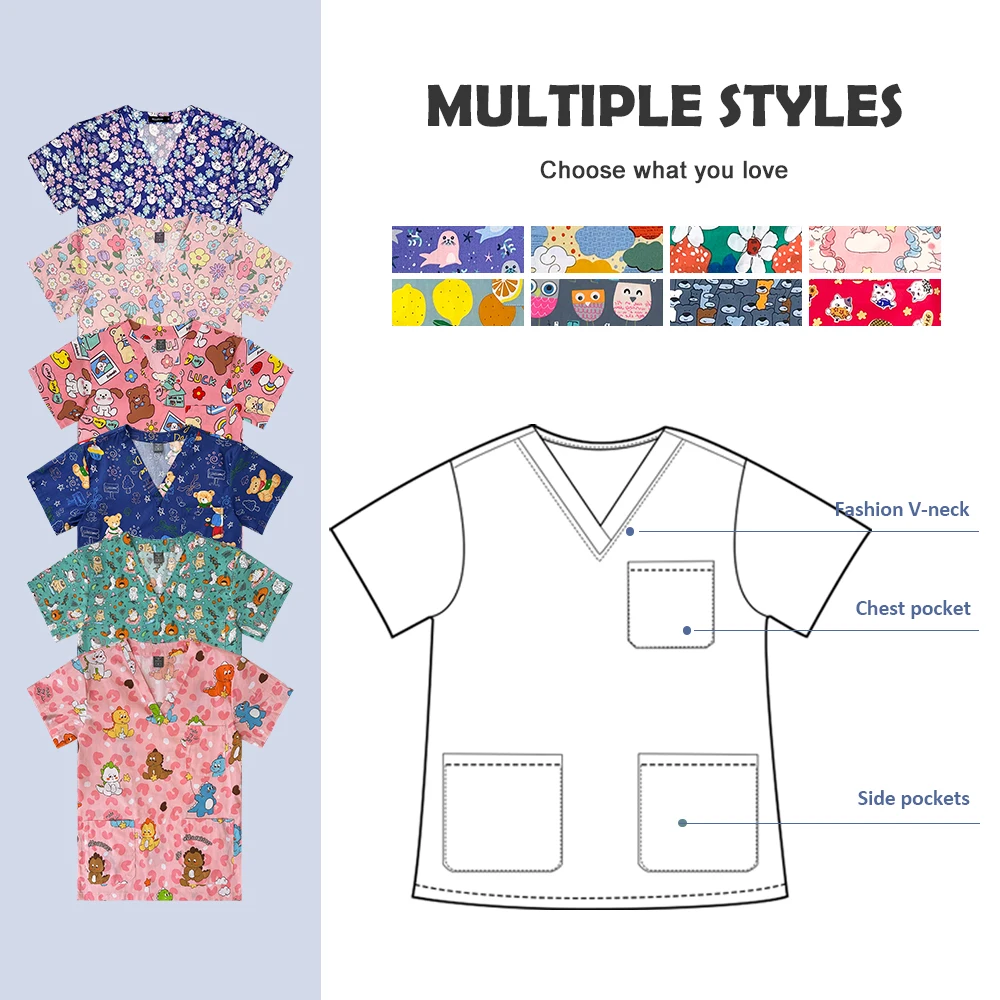 Hot Sales V-neck Short Sleeved Shirt High Quality Cartoon Print Scrub Top Breathable Cotton Work Wear Medical Accessories Unisex