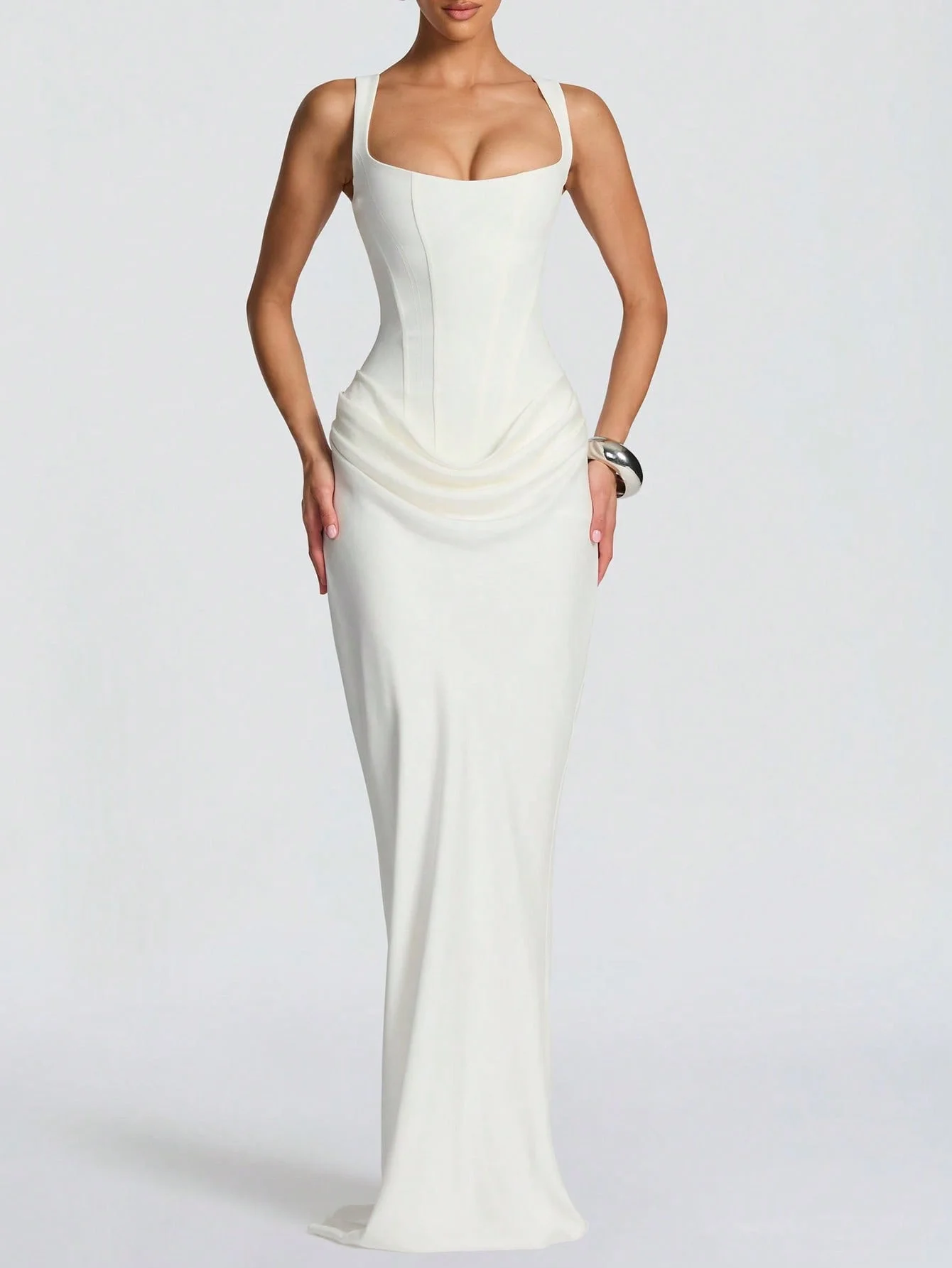 

Cornelia Women Sexy Spaghetti Strap Maxi Dress Bodycon Summer Stain Draped Long Dress White Lace up Back Elegant Birthday