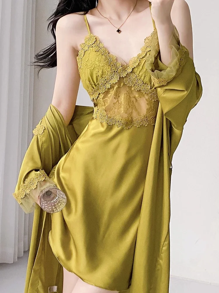 Silk Robes for Women, Sexy Lace Lingerie with Deep V Neck and Backless Design, Padded Sleepwear Gown Set with Tie Belt for Home