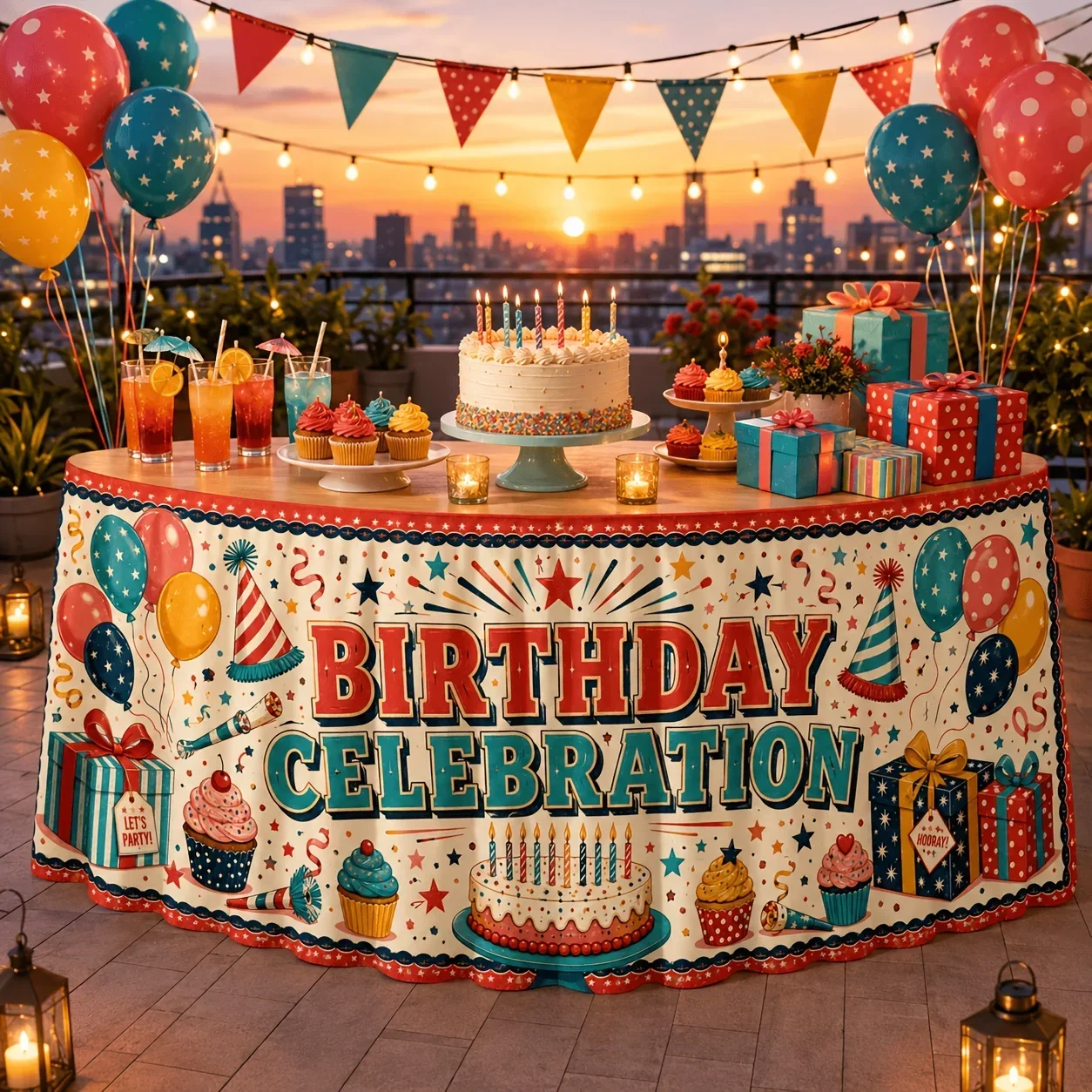 1 tablecloth table skirt, retro birthday celebration, nostalgic cake cupcake party hat