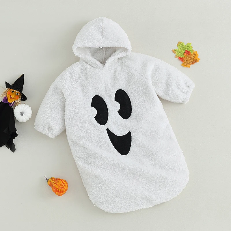 0-6M Infant Baby Fuzzy Plush Halloween Jumpsuit Zipper Footies Ghost Face Print Long Sleeve Hooded Rompers Toddler Clothes