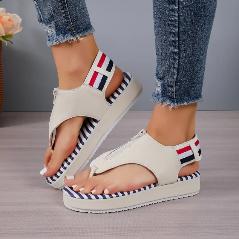 

New Women Gladatior Summer Sandals Round Head Clip Toe Casual Lady Beach Flip Flops Female Buckle Zebra Print Beach Sandals