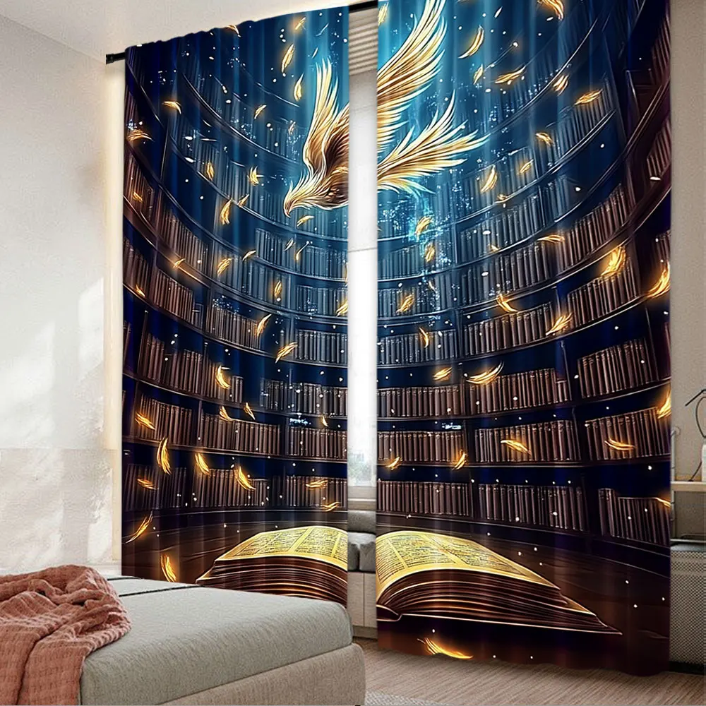 2Pcs Bookshelf Curtains Magical Library Feather Flying Starry Sky Pattern Print Window Drapes For Bedroom Living Room A