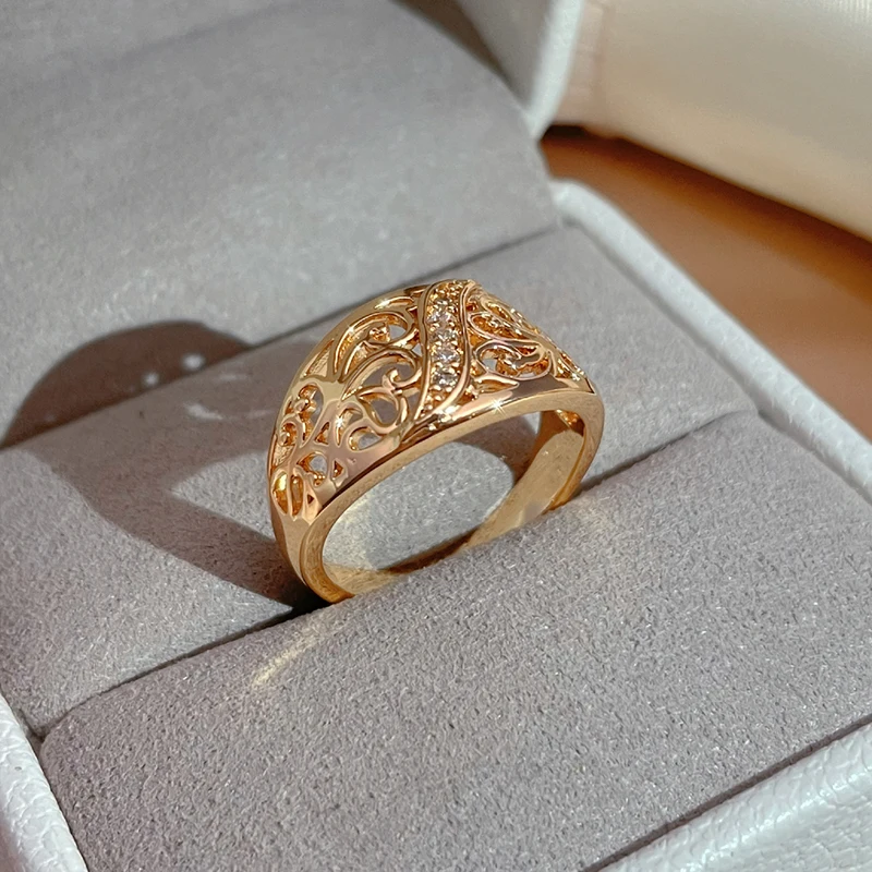 SYOUJYO 585 Rose Golden Hollow Cutting Ring For Women Vintage Exquisite Natural Zircon Wedding Jewelry