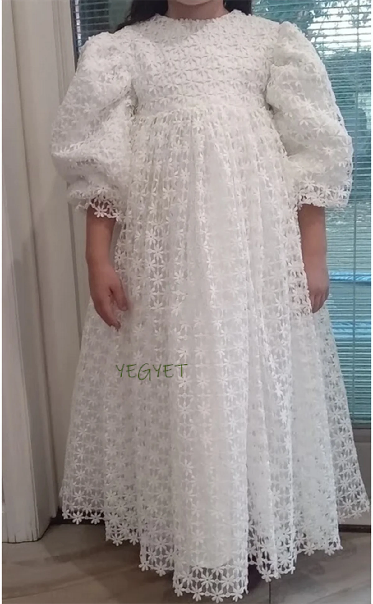 Half Sleeve White Lace Flower Girl Dress For Wedding Puffy Balloon Sleeve Pricness Pageant Birthday High Neck Girl Dresses