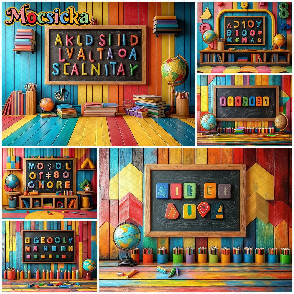

Mocsicka Blackboard Letters Photography Background Colorful Art Wall Globe Pen Decor School Student Child Photo Backdrops Banner