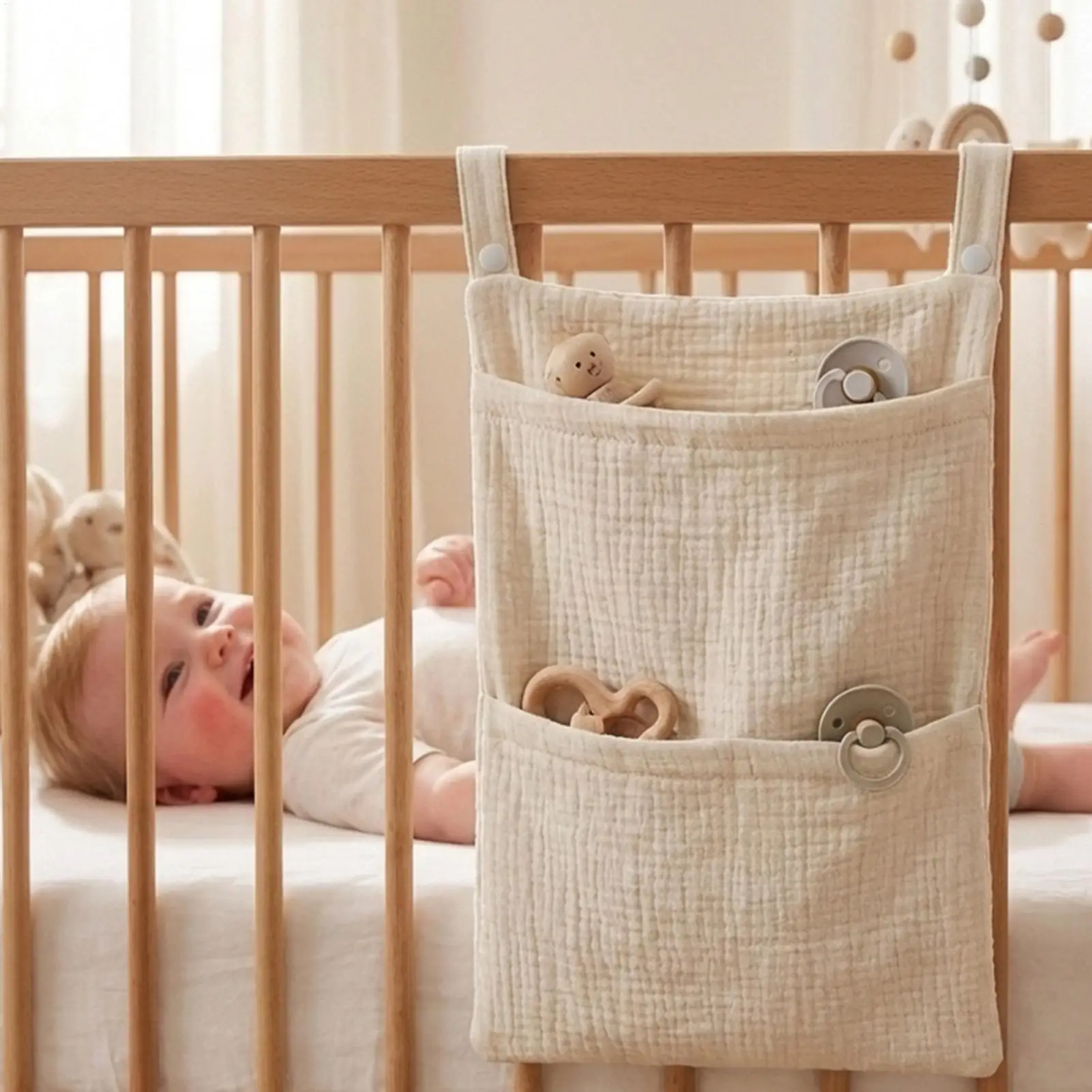 Crib Side Storage Organizer Cotton Washable Large Capacity Kid Bedside Organizer Bag For Milk Bottle Soothing Toys Home Room