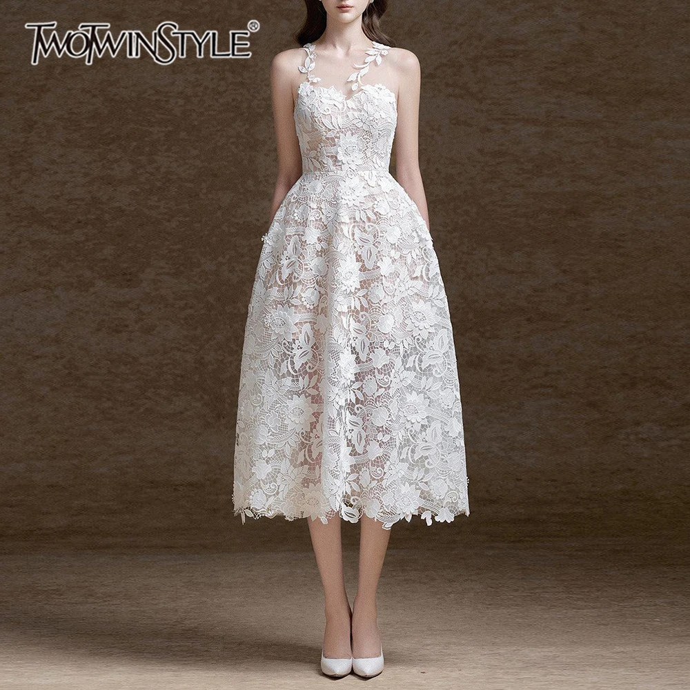 

TWOTWINSTYLE Однотонное облегающее платье с кружевными вставками для женщин, с круглым вырезом, без рукавов, с сетчатыми элементами, элегантное, модное, новинка