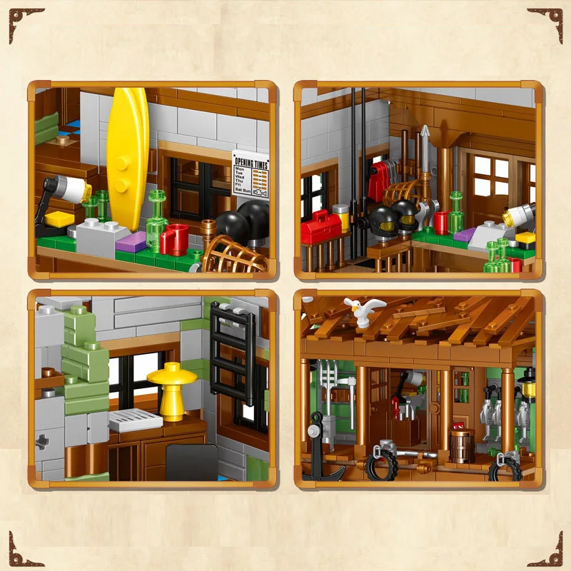 Creativo Micro Fisherman Cabin Wharf casa in legno modello Building Blocks Street View Fishing Village Bricks assemblare giocattolo regalo per bambini