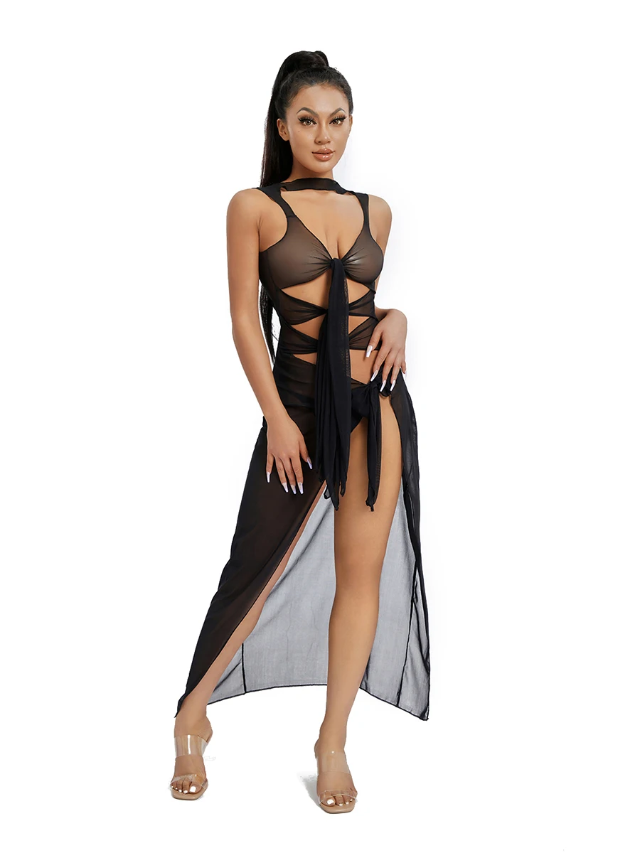 Damskie Sheer sukienka bez rękawów obcisłe sukienki Maxi Bbodycon Slim Fit Split sukienki koktajlowe imprezowe