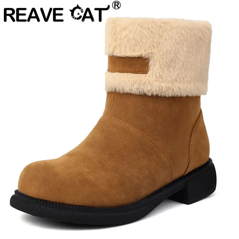

REAVE CAT Зимние зимние ботильоны с круглым носком из флока, замша, толстые каблуки 3 см, теплые плюшевые женские ботильоны, большие размеры 41 42 43