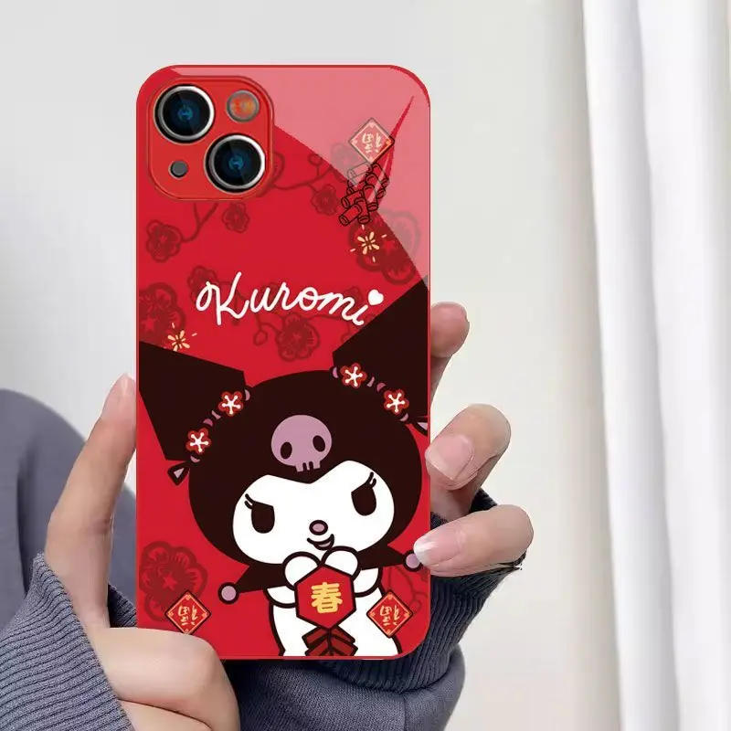 Sanrio Hellokitty Mobile Phone Case New Year's Christmas Red for Iphone 15Promax Red Mobile Phone Case 13/14Plus Glass 11/12mini