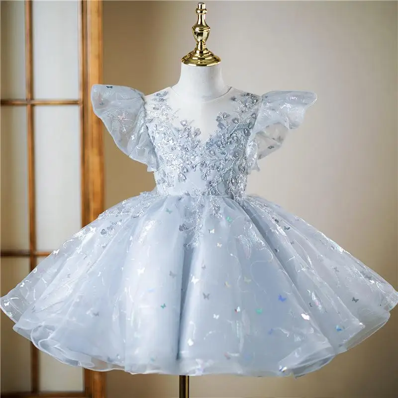 2024 Petal Sleeve Dress Sequin Girl Princess Dresses Piano Performance Gowns Teenager Clothing Flying Sleeves Tutu Ball Gown