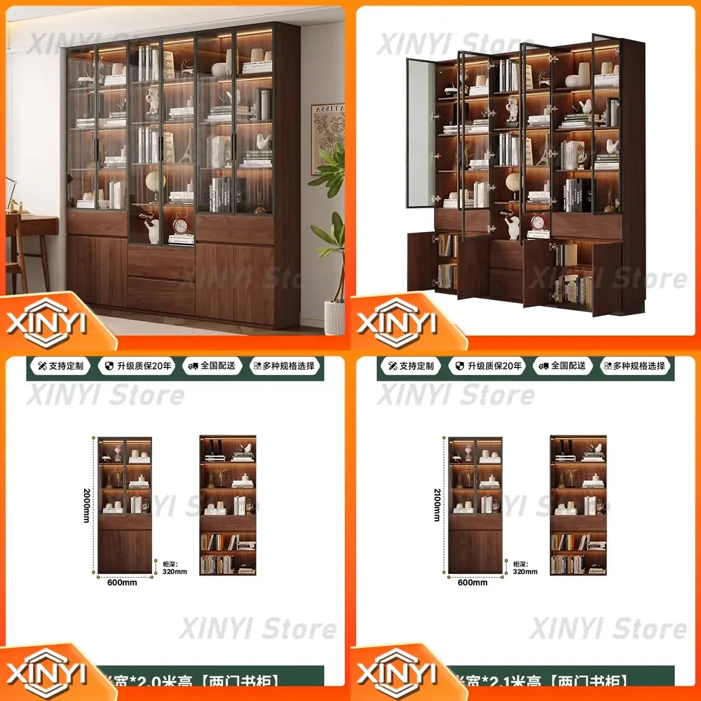 Medieval Solid Wood Bookcase with Aluminum Alloy Frame Glass Door for Living Room Study Storage Cabinet Wall Display Cabinet