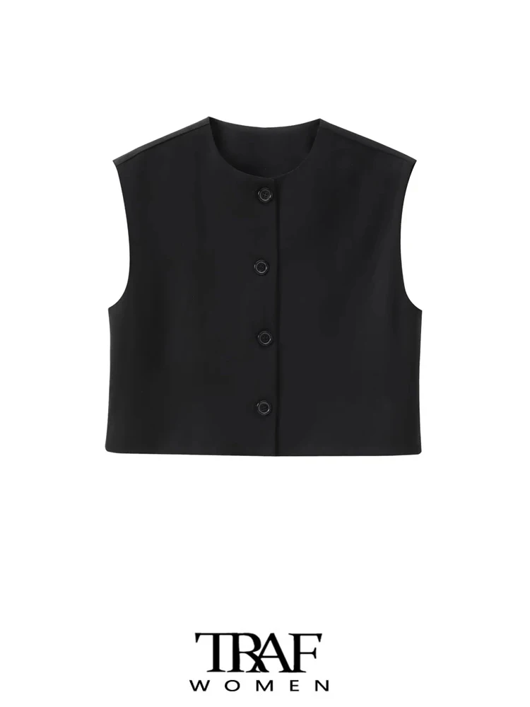 TRAF-Front Button Cropped Waistcoat for Women, O Neck, Sleeveless, Female Outerwear, Chic Tops, Fashion