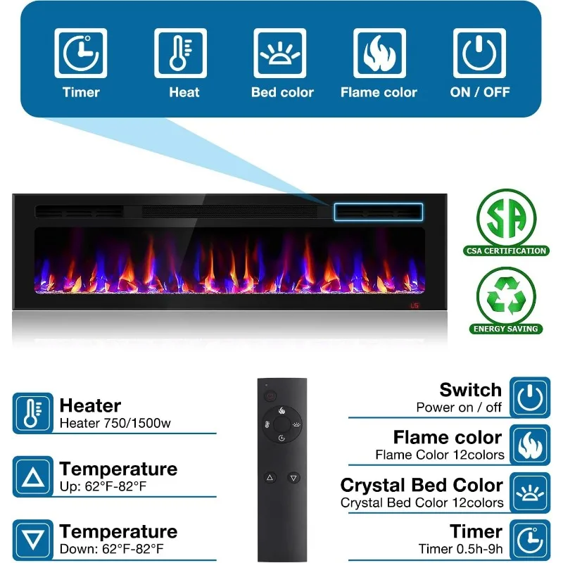 Chimenea eléctrica empotrable y montada en la pared de 60 pulgadas, calentador de chimenea y chimenea lineal, chimenea eléctrica ultrafina