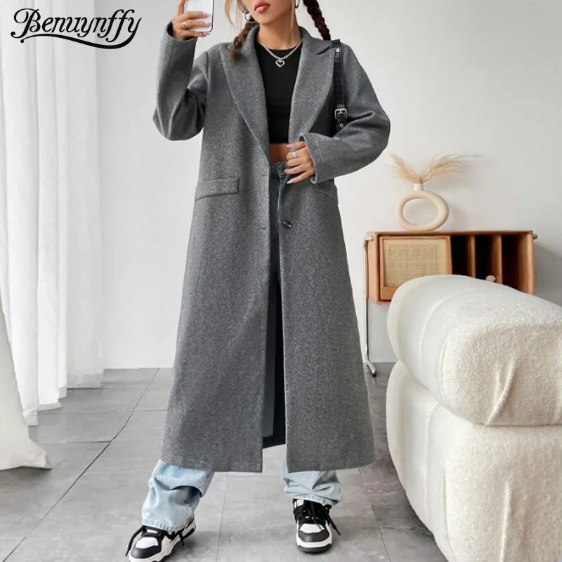 

Benuynffy Single Breasted Long Woolen Coat Women's 2025 Autumn Winter Notched Long Sleeve Fashion Loose Warm Overcoat Female