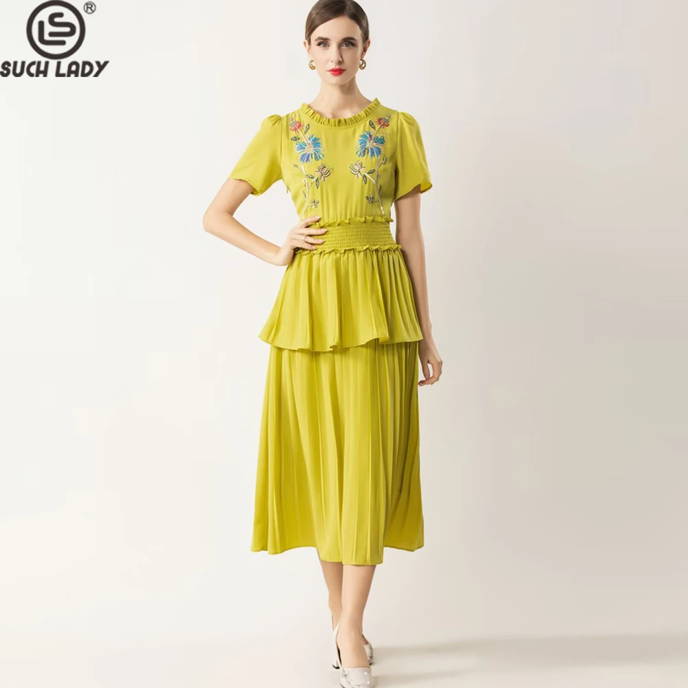 

Women's Yellow Floral Embroidered Short Sleeve Dress, Smocked Waist Tiered Pleated Maxi Dress, Elegant Summer Evening Dress